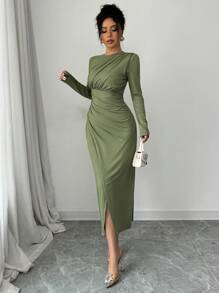 Selianne Women's Elegant Work Commute Solid Color Form-Fitting Round Neck Folding Collar Long Sleeve Bodycon Dress, Spring/Autumn/Winter Maxi Women Outfit Fall Cloth For Women