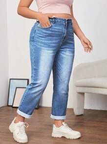 SHEIN ICON Große Größen Lässig gewaschene minimalistische Jeans mit Taper-Passform - Mittele Waschung - Übersicht 3