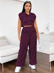 Flirla 2pcs/Set Sleeveless Loose Multi-Pocket Shirt & Casual Cargo Pants Set - Purple - View 6