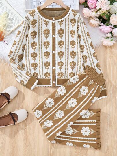 Tween 女童毛衣套装复古花卉壁纸印花设计，适合外出、拍照和聚会