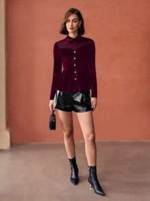 MOTF PREMIUM CONTRAST MESH VELVET BUTTON FRONT SHIRT - Burgundy - View 3