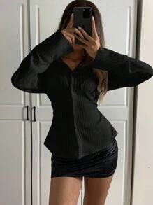 SHEIN EZwear Áo cánh tay loe họa tiết eo trơn màu đơn giản cho nữ - màu đen - Xem 5