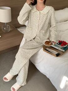 DAZY 可爱的碎花荷叶边装饰睡衣套装