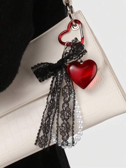 Kawaii 1 pieza Llavero/Accesorio para bolso con colgante de corazón transparente, lazo de encaje de perlas hecho a mano con estilo, elegante y dulce, apropiado para uso diario de niñas/mujeres