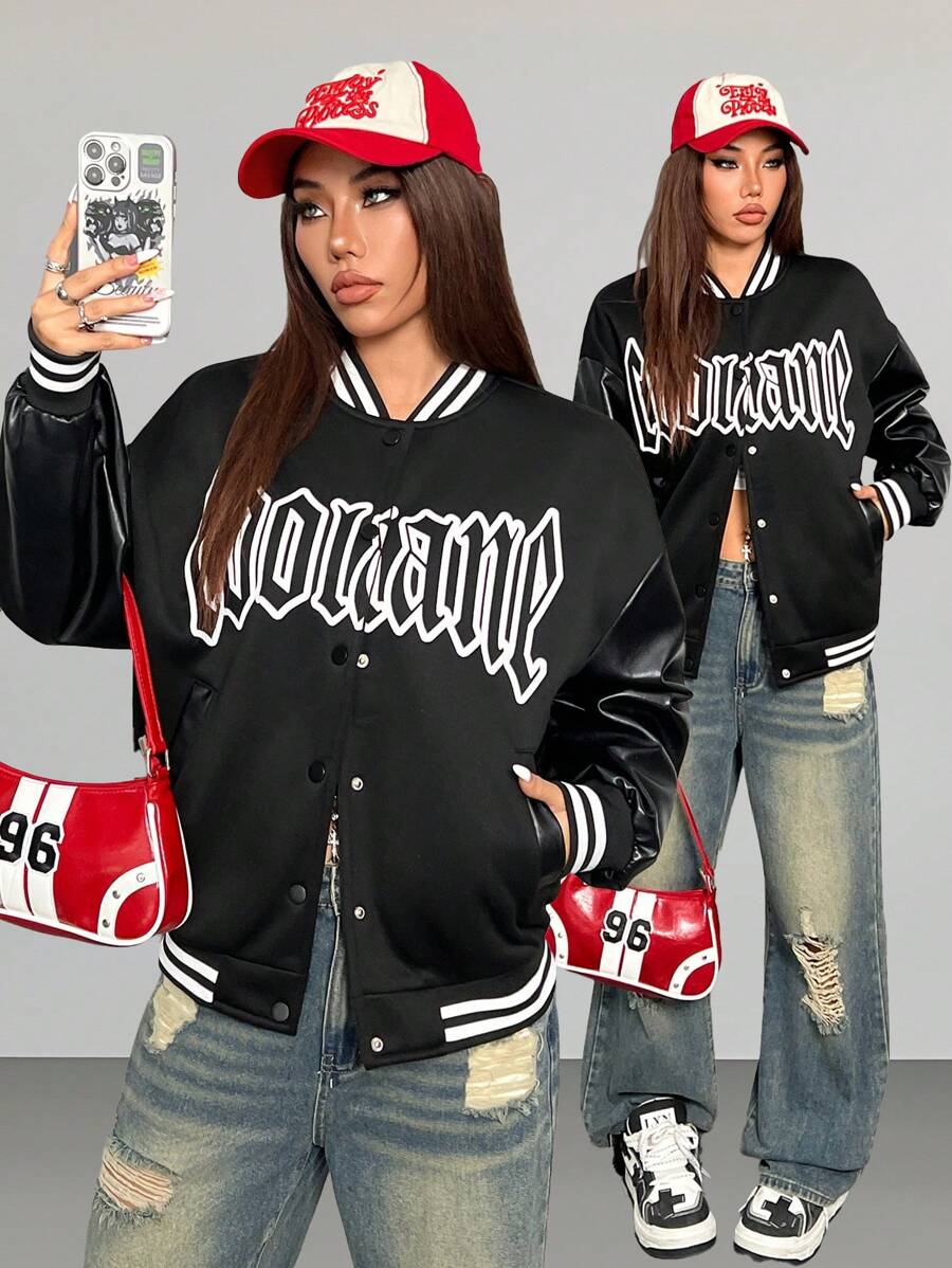 SHEIN EZwear Áo khoác bóng chày dáng rộng, tay dài, họa tiết sọc chữ mùa thu dành cho nữ - màu đen - Xem 1