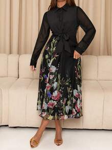 SHEIN Clasi Vestido largo elegante de mujer con estampado floral de malla, contraste de manga larga, cintura anudada, vestido de camisa, vestido negro elegante, vestido largo de mujer de manga larga, vestido con botones, atuendo de vacaciones para mujer