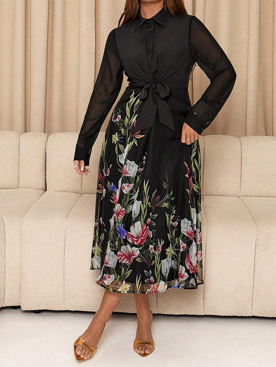 SHEIN Clasi 女式花卉印花网眼撞色长袖打结腰部优雅长裙衬衫女式连衣裙黑色连衣裙优雅女式连衣裙长袖连衣裙女式连衣裙纽扣连衣裙度假装女士 - 彩色 - 查看 1