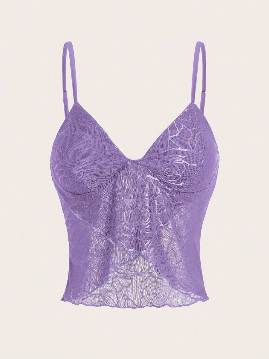 SHEIN ICON 女士玫瑰印花网眼不对称下摆吊带背心 - 紫色 - 查看 1