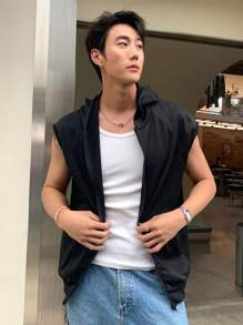 男士纯色拉链连帽休闲上衣，夏季 - 黑色 - 查看 3