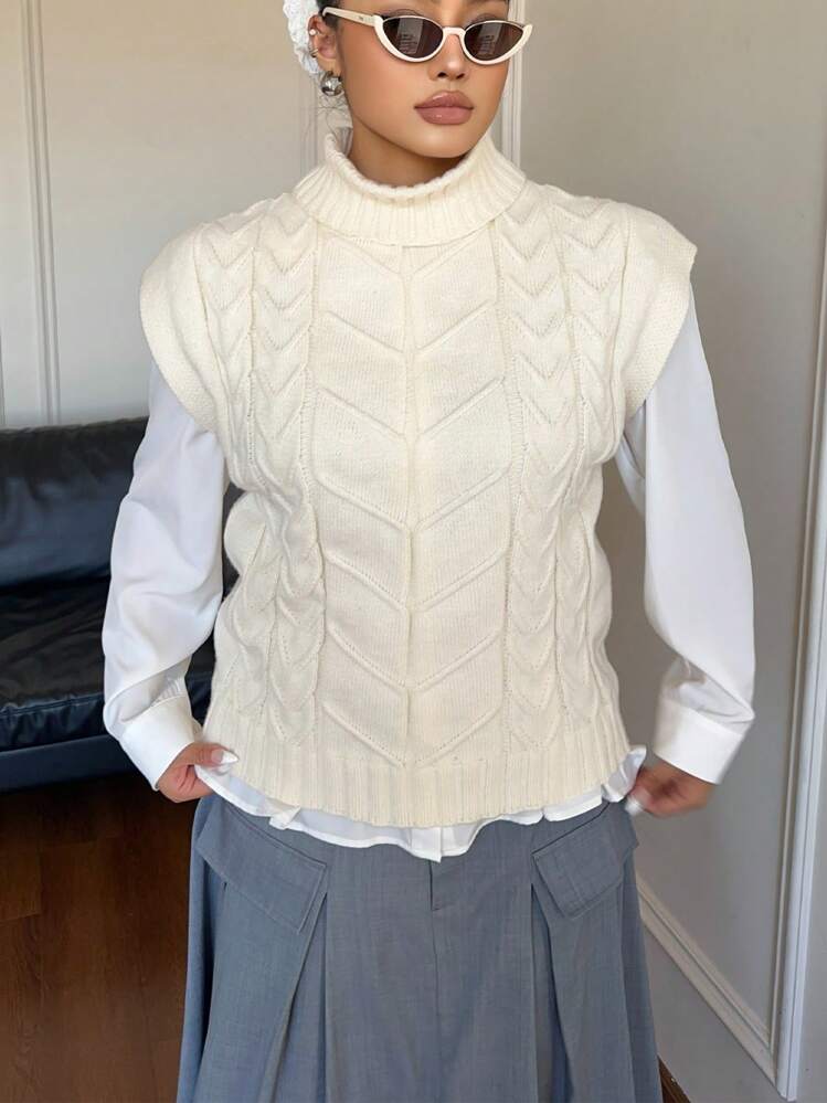 Flirla Plus Size Enfärgad turtleneck lös tröja väst, ledigt dagligt slitage texturerad tröja stickad tröja - Aprikos - Visa 4