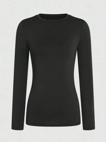 INAWLY Women's Solid Color Round Neck Long Sleeve T-Shirt Fall Cloth For Women - Black - View 3