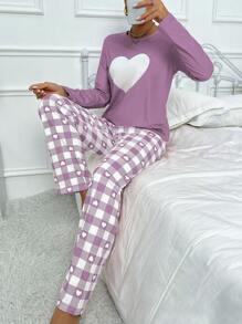 Bộ 2 món Áo in hình trái tim cỡ lớn phối quần kẻ sọc pijama, trang phục thu đông ấm áp và thanh lịch - Màu tím - Xem 3