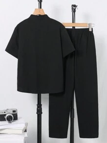 Tween Boy 休闲罗纹面料短袖衬衫和长裤套装，适合通勤、上学、日常休闲、运动、春夏季 - 黑色 - 查看 2