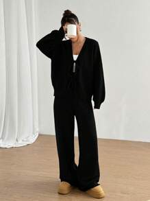 SHEIN Unity 2 件套休闲纯色系带开衫和裤子套装 - 黑色 - 查看 5