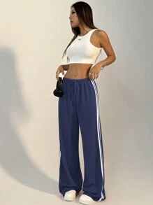 FavEase Contrast Stripe Drawstring Waist Straight Pants Fall Cloth For Women - Navy Blue - View 5