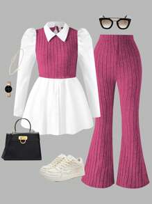 2pcs/Set Teen Girl Ribbed Shirt And Ribbed Elastic Waist Flare Pants - Hot Pink - View 1