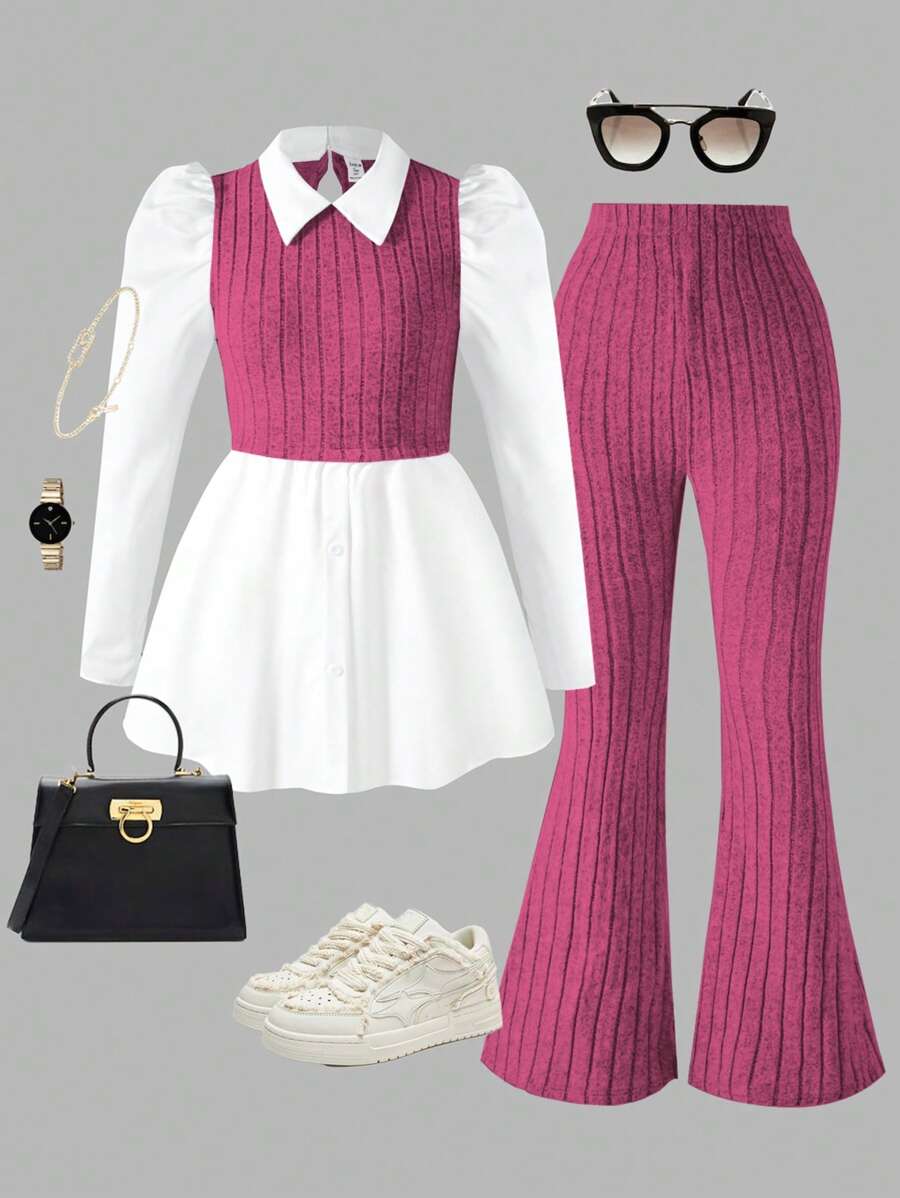 2pcs/Set Teen Girl Ribbed Shirt And Ribbed Elastic Waist Flare Pants - Hot Pink - View 1