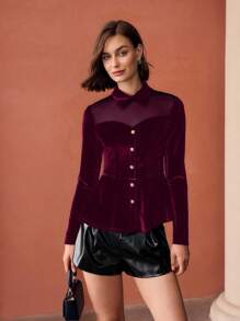 MOTF PREMIUM CONTRAST MESH VELVET BUTTON FRONT SHIRT - Burgundy - View 4