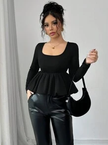 Chiquease تيشيرت كاجوال فضفاض بأكمام طويلة وياقة على شكل حرف U للنساء، ألوان سادة، خريفي - الأسود - مشاهدة 5