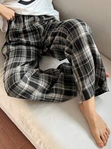 DAZY Women's Elastic Waist Plaid Casual Loose Fit Loungewear Cozy Pants, For Pajama, Fall & Winter - Grey - View 6