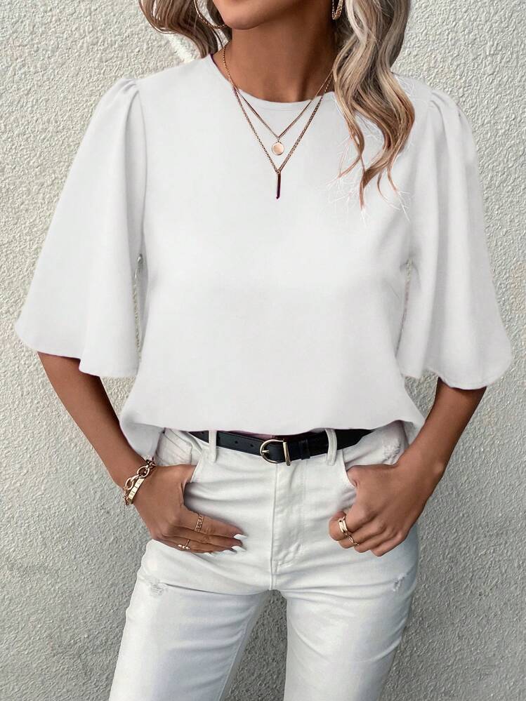 SHEIN LUNE 女士简约圆领短袖纯色休闲上衣，日常穿着 - 白色 - 查看 5