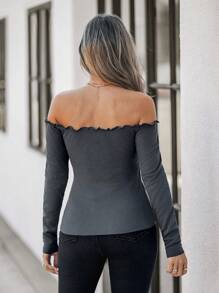 SHEIN LUNE Damska głęboko szara prążkowana koszulka z odkrytymi ramionami - Ciemnoszary - Zobacz 2