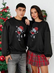 Manfinity VCAY Knitted Loose Fit Round Neck Christmas Pattern Print Drop Shoulder Long Sleeve Sweatshirt, Christmas Going Out Crew Neck Black Graphic Sweatshirt, For Friends, Husband, Boyfriend Gifts, For Fall Winter - Black - View 1