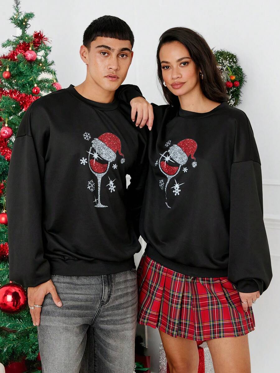 Manfinity VCAY Knitted Loose Fit Round Neck Christmas Pattern Print Drop Shoulder Long Sleeve Sweatshirt, Christmas Going Out Crew Neck Black Graphic Sweatshirt, For Friends, Husband, Boyfriend Gifts, For Fall Winter - Black - View 1