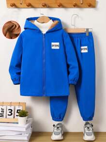 SHEIN 2 件套年轻男孩休闲复合保暖内衬可拆卸连帽拉链运动衫和宽松抽绳裤，春夏秋冬装 - 藍色 - 查看 7