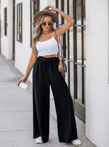 SHEIN LUNE Pantalones anchos de cintura alta casuales para mujer, negro - Negro - Ver 6