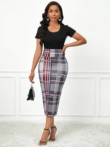 SHEIN Lady Váy midi đan kẻ caro nhiều màu thanh lịch cho công sở mùa thu đông - Nhiều màu - Xem 5