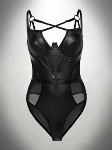 Dark Punk PU Patchwork Metal Buckle Sexy Jumpsuit - Black - View 6