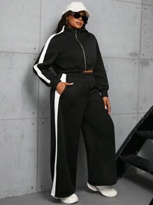 INAWLY 2pcs/Set Plus Size Stand Collar Zipper Hoodie Top And Cropped Pants - Black - View 7