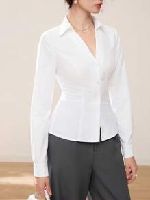 EastFlair 白色对比蕾丝露背长袖衬衫