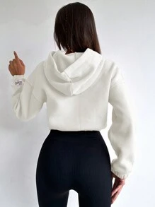 SHEIN Cottnline 棉质短款连帽运动衫，带文字图案和抽绳 - 白色 - 查看 2