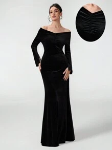 Coutiva 1pc Women's Formal Evening Gown Dress, Fashion Autumn And Winter Banquet Party New Year's Eve Festival Princess Socialite Elegant Internet Celebrity Popular Dress Daily Wear Elastic Sequin Fabric Dress, Formal Dinner Dance Dress, Christmas New Year's Eve, Wedding Guest Dress - Black - View 1