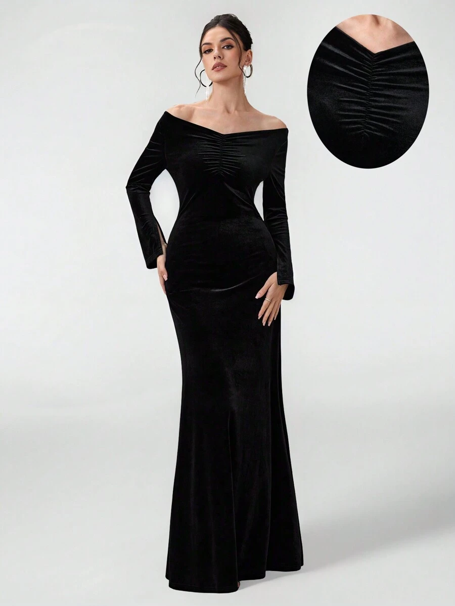 Coutiva 1pc Women's Formal Evening Gown Dress, Fashion Autumn And Winter Banquet Party New Year's Eve Festival Princess Socialite Elegant Internet Celebrity Popular Dress Daily Wear Elastic Sequin Fabric Dress, Formal Dinner Dance Dress, Christmas New Year's Eve, Wedding Guest Dress - Black - View 1