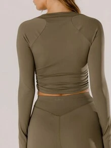 Aralina Leisurewear Olive Green Longsleeve Ruched And Kick Flare Dance Edge Set - Khaki - View 2
