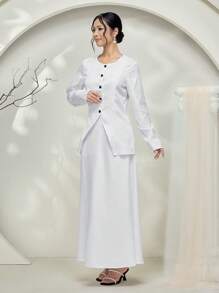 Graceveil Baju Kebaya 2pcs/Set Solid Color Button Front Long Sleeve Top And Skirt Casual Suit Modest