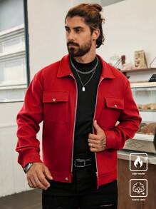 Manfinity Homme Men's Casual Solid Color Short Style Jacket, Autumn,Red Winter Men Jacket,Fall Men Clothes,Men's Long Sleeve Padded Coat