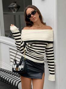 SHEIN Unity Women's Striped Foldover Off Shoulder Long Sleeve Knit Sweater Knit Pullover Fall Winter - Black and White - View 3