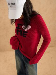Forever 21 秋季女士刺绣标语和心形图案插肩袖毛衣 - 紅色 - 查看 3