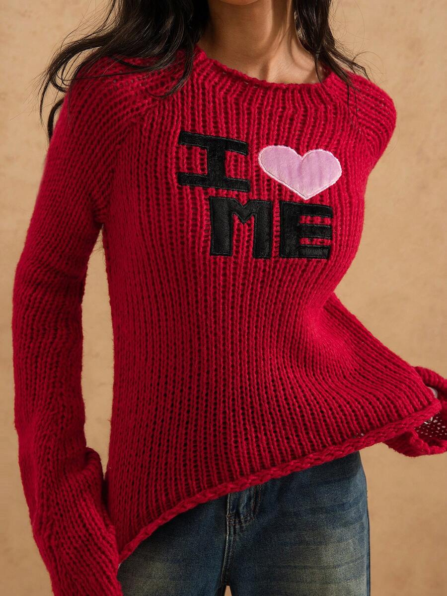 Forever 21 秋季女士刺绣标语和心形图案插肩袖毛衣 - 紅色 - 查看 1