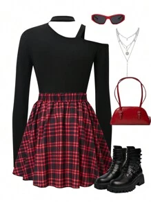 SHEIN Explorewe Set da 2 pezzi per ragazze adolescenti composto da maglietta a maniche lunghe con scollo profondo e gonna mini a quadri con fiocco, adatto per raduni e feste