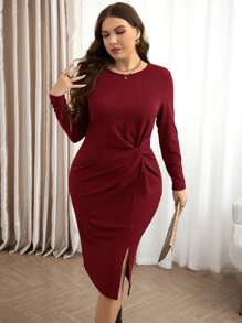 SHEIN LUNE 长袖连衣裙大码橄榄绿休闲纯色长袖开衩扭纹中长连衣裙，秋冬大码秋季服装