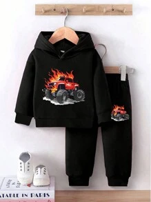 Baby Boy Casual Cute Comfortable Fashionable Simple Car Pattern Hoodie And Sweatpants Set - Black - View 3