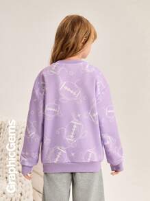 Tween Girls' Bow Print Round Neck Drop Shoulder Casual Hoodie, Autumn/Winter - Purple - View 2