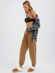 Easelle Distressed Wash Khaki Color Slim Fit Drawstring Waist Casual Sweatpants, Autumn/Winter - Khaki - View 6