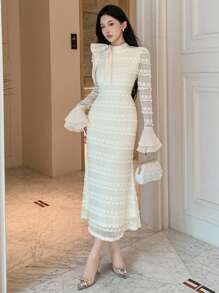 DAZY Váy đuôi cá tay loe thắt nơ cổ bán rùa, chất liệu vải họa tiết, thời trang xuân/hè, dành cho ngày lễ tình nhân, ngày lễ thu, đông - trắng - Xem 9