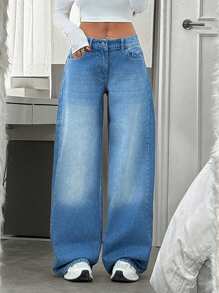 EURMUSE Casual Distressed Minimalist Wide Leg Jeans - Medium Wash - View 1